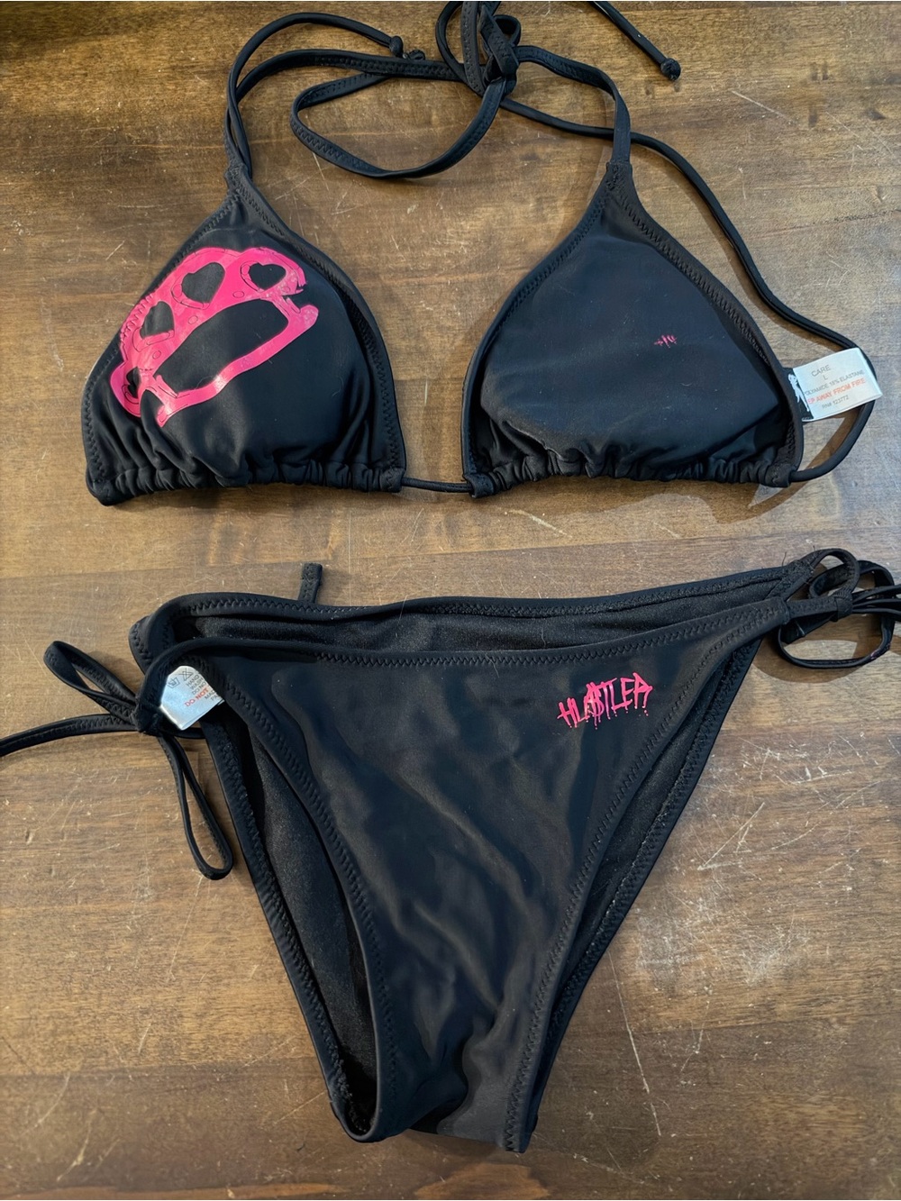 NWOT Sexy Skimpy Hustler Brand Talk Sh!T Get Hit Tri-Top Tie Side Bottom Bikini